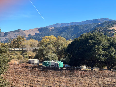 Scenic View of Vineyards and Mountains Under Clear Blue Sky in Autumnの写真素材