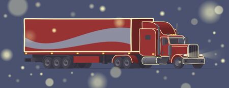 Christmas semi truck. Xmas trailer tractor. Vector flat holiday illustrationのイラスト素材