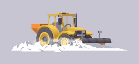 Snow plowing tractor. Snow removal. Salt spreader. Vector illustration. Transportation