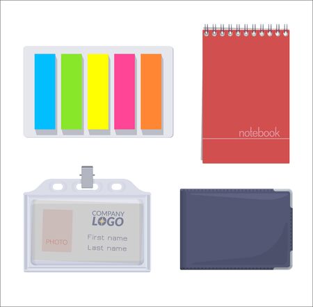 Vector flat isolated stationery set. Stickers notebook badge card holder. Collectionのイラスト素材