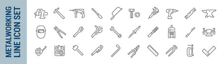 Metalworking vector isolated line icon set. Steel work tools. Collectionのイラスト素材