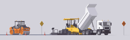 Vector road paving set. Asphalt paver & road roller & dump truck. Isolated illustration. Road work....