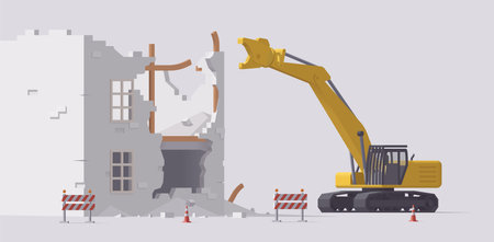 Demolition of old building. Vector demolition excavator. Isolated illustration. Collectionのイラスト素材