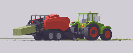 Green tractor & big square baler. Back view. Vector illustrationのイラスト素材