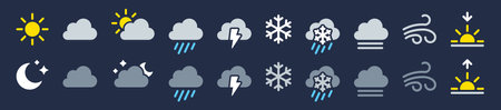 Weather icon set. Flat vector symbols on dark background. Collectionのイラスト素材