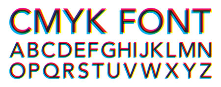 CMYK color font on white bacground. Subtractive mixing vector font illustrationのイラスト素材