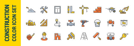 Building construction vector line color icon set. Tools and building materials. Collectionのイラスト素材