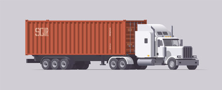 Semi truck carrying container trailer. Isolated american retro tractor. Vector illustration. Collectionのイラスト素材