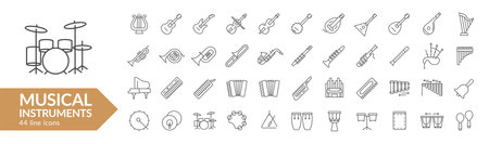 Musical instrument line icon set. Strings, winds, keyboards, percussion. Vector illustrationのイラスト素材