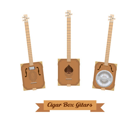 Guitar set. Realistic cigar box guitars on white background. Musical Instruments. Vector illustration. Collectionのイラスト素材
