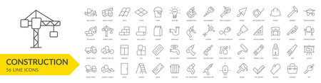 Construction line icon set. Construction vehicle, elements, tools. Vector illustrationのイラスト素材