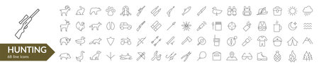 Hunting line icon set. Fish, takle, tools & other hunting equipment. Vector illustrationのイラスト素材