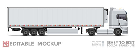 Editable semi truck mockup. Realistick tractor & refrigerated trailer on white background. Vector illustrationのイラスト素材