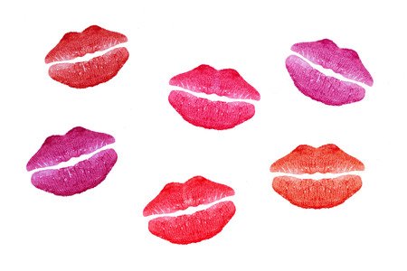 Six colorful kisses on white paper backgroundの写真素材