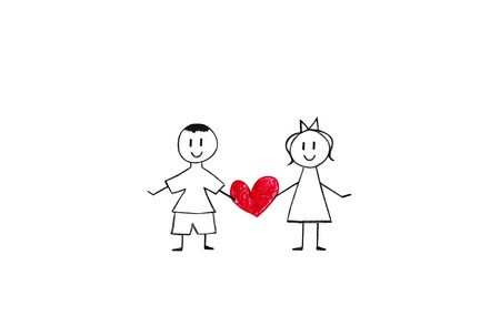 Boy and girl holding heart, pencil drawings on white paper shitの写真素材