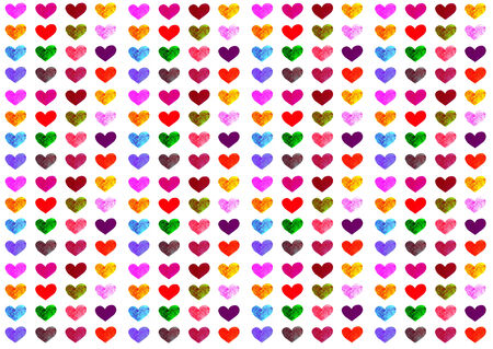 Colorful hearts pattern, handmade pencil drawings on white backgroundの写真素材