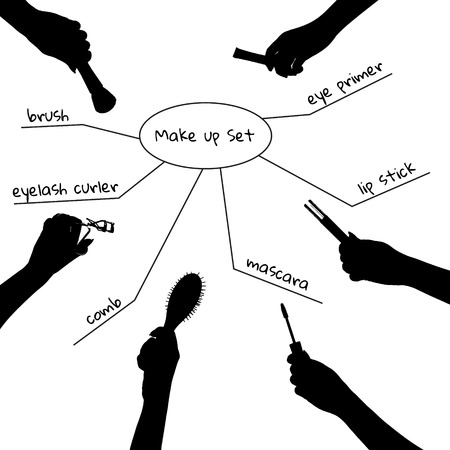 Hands with professional cosmetics for makeup: brush, eye primer, mascara, lip booster, comb, eyelash curlerのイラスト素材