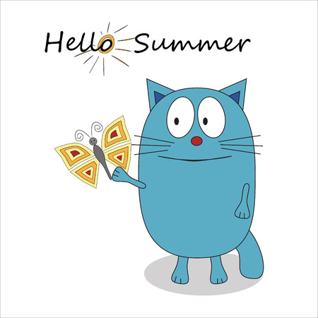 Hello summer cartoon character - vector illustration. Cute sad cat and a butterfly.のイラスト素材