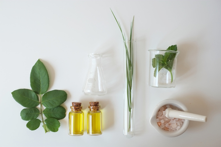 The bio laboratory glassware and blank cosmetic bottle containers with  herbal ingredient, package for branding .Natural organic beauty skincare product concept. alternative medicine.の写真素材