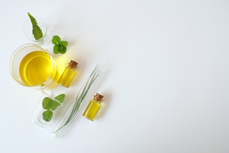 laboratory experiment and research with leaf, oil and ingredient  extract for natural beauty and organic skincare product the blank bottle for label ,bio science concept. alternative medicine. spa.の写真素材
