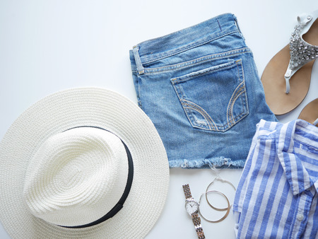 woman trendy fashion outfit, flat lay, top view,isolated,white background.の写真素材