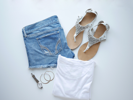 woman trendy fashion outfit, flat lay, top view,isolated,white background.の写真素材
