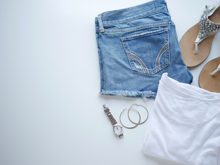 woman trendy fashion outfit, flat lay, top view,isolated,white background.の写真素材