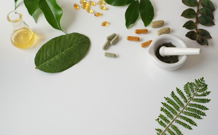 alternative medicine herb , mortar, laboratory glassware, plant in tube, flower , on white background.の写真素材