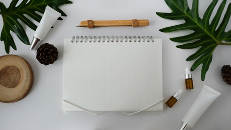 flat lay natural cosmetic skincare product concept , copy space. creative layout . organic frame . top view. isolated. hipster minimal style with nature background.の写真素材