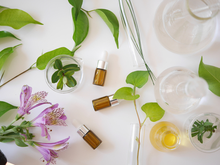 natural skincare bottle container and  organic green leaf , flowers ingredients with the laboratory glassware on white background. Home made remedy and beauty product concept.の写真素材