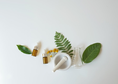 The bio laboratory glassware and blank cosmetic bottle containers with  herbal ingredient, package for branding .Natural organic beauty skincare product concept. alternative medicine.の写真素材