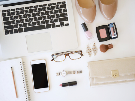 flat lay woman workplace with laptop ,smart phone, tablet and  accessories, top view,isolated の写真素材