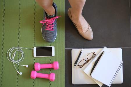 female workout and work at home to balance life . active fitness to play on healthy and strong body with laptop , mat,weight ,mobile phone and sneakers.の写真素材