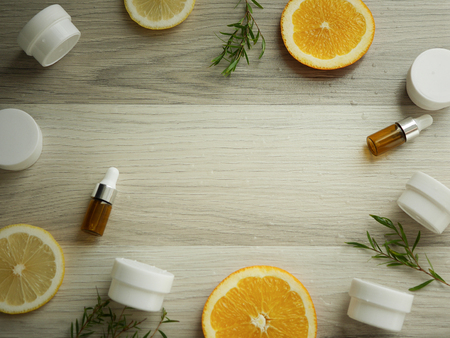 natural cosmetic skincare serum packaging with leaf, home made oil and beauty vitamin ingredient.organic product research the blank bottle container ,bio science . alternative medicine. spa.の写真素材