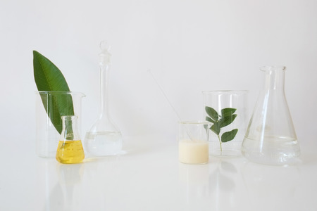 laboratory equipment for alternative medicine, science experiments, formulating organic skincare, herbal medicine and natural remedy pharmaceutical. white backgroundの写真素材