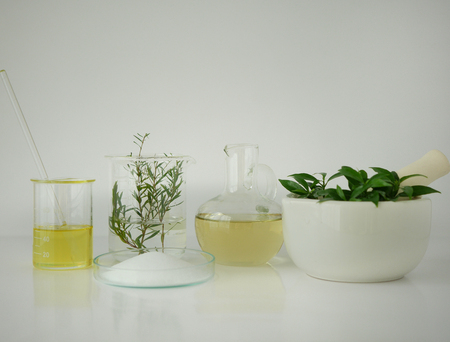 natural cosmetic skincare serum packaging with leaf, home made oil and beauty vitamin ingredient.organic product research the blank bottle container ,bio science . alternative medicine. spa.の写真素材