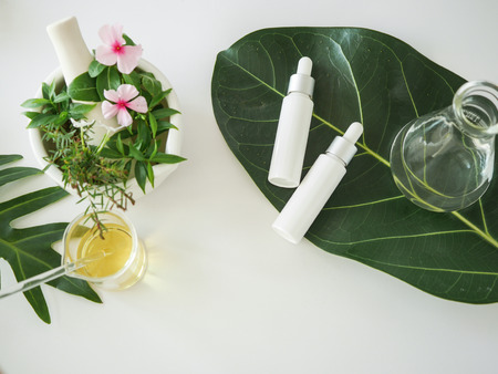 Cosmetic package containers . natural organic beauty product concept mock up with green leaves,herbal . Blank bottle for label skincare. isolated white background.top view.の写真素材