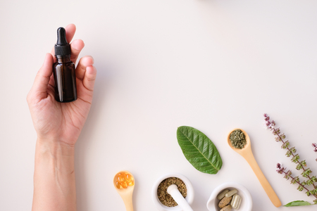 cosmetic nature skincare and essential oil aromatherapy .organic natural science beauty product .herbal alternative medicine . mock up.の写真素材