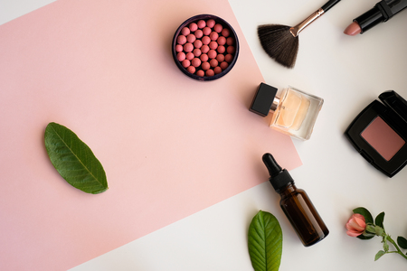 Makeup cosmetic products color background flat lay top view.woman beauty fashion decorative.の写真素材