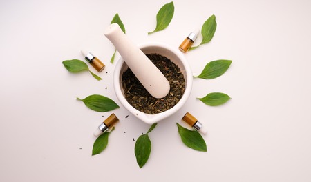 alternative herb medicine with herbal the organic natural in the laboratory. oil capsule, natural organic.の写真素材