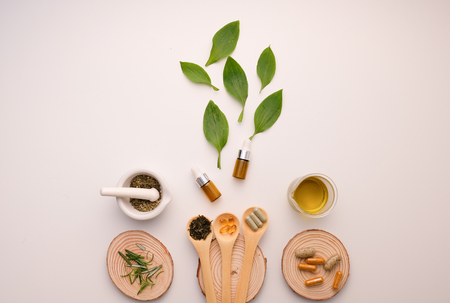 alternative herb medicine with herbal the organic natural in the laboratory. oil capsule, natural organic.の写真素材