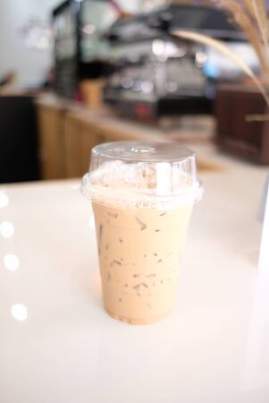 Closeup coffee cups in a cafeの写真素材