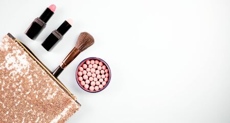 Beauty background for makeup cosmetic product on pastel light blue desktop background. top view, flat lay.の写真素材