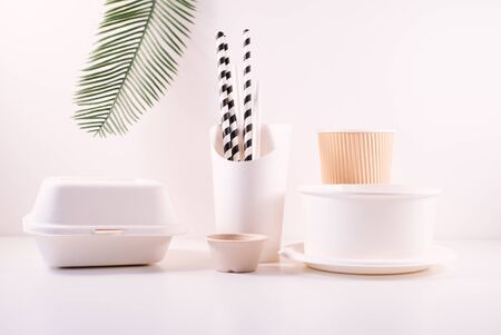 biodegradable box package to go food snack coffee container for take away eco friendly.の写真素材