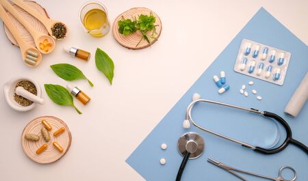 alternative herb medicine with herbal the organic natural in the laboratory. oil capsule, natural organic.food nutrition healthy and wellness.の写真素材