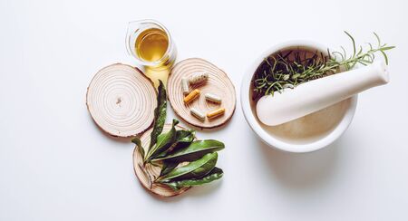 alternative herb medicine with herbal the organic natural in the laboratory. oil capsule, natural organic.food nutrition healthy and wellness.の写真素材