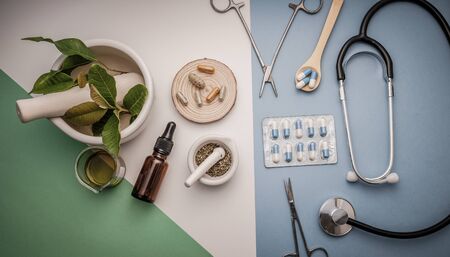 alternative herb medicine with herbal the organic natural in the laboratory. oil capsule, natural organic.food nutrition healthy and wellness.の写真素材