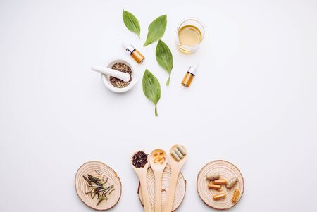 alternative herb medicine with herbal the organic natural in the laboratory. oil capsule, natural organic.food nutrition healthy and wellness.の写真素材