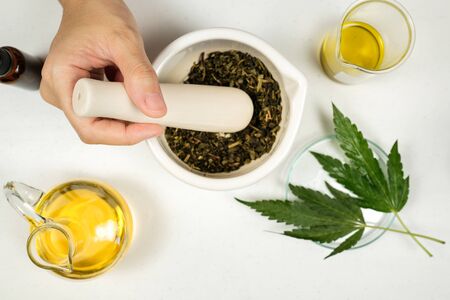 cbd thc oil medical treatment in doctor laboratory. natural medicine on clinical research . top view.の写真素材