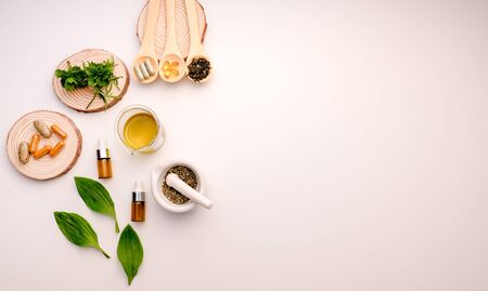 alternative herb medicine with herbal the organic natural in the laboratory. oil capsule, natural organic.food nutrition healthy and wellness.の写真素材